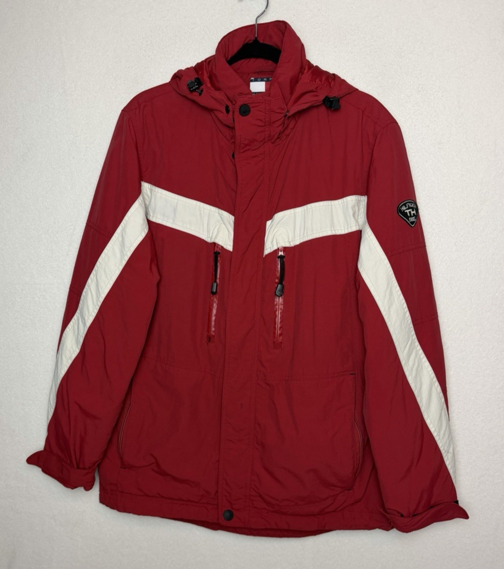 Tommy Hilfiger Y2K Red Winter Ski Jacket Hooded Fleece Lined Ski Snowboard Sz S